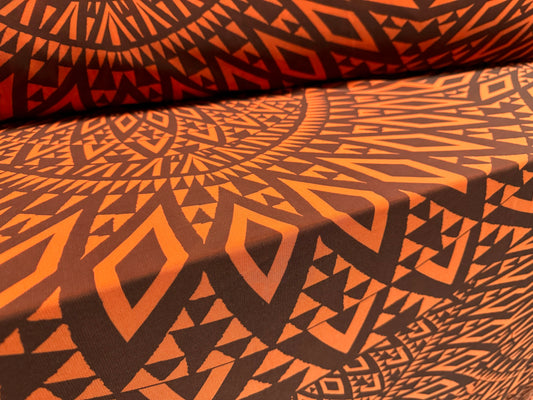 Power mesh net sheer stretch spandex fabric, per metre - tribal tattoo print - orange