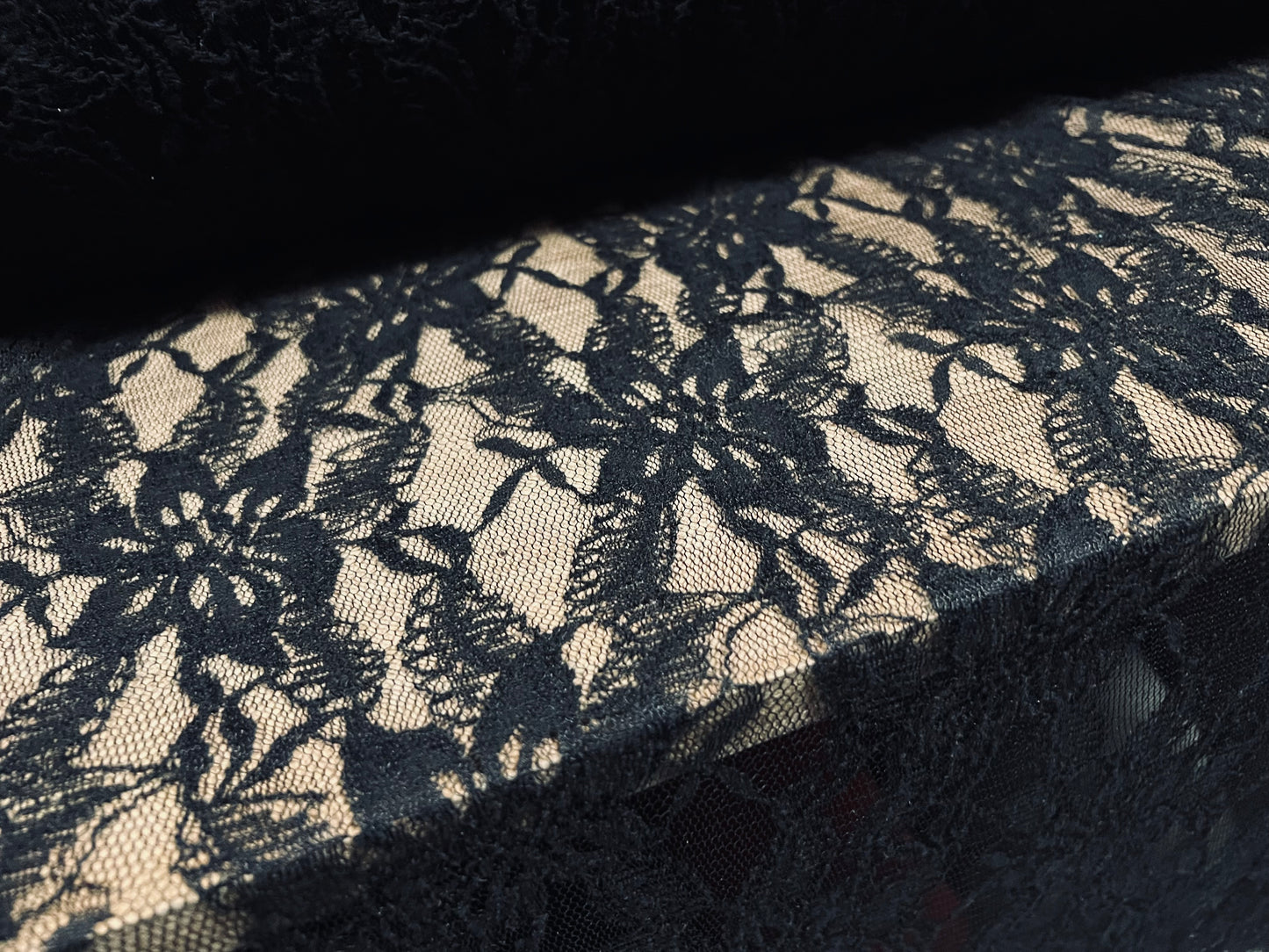 Lace mesh net fabric, per metre - floral pattern - black