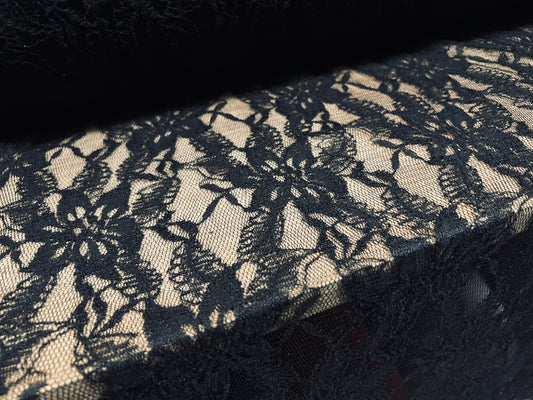 Lace mesh net fabric, per metre - floral pattern - black