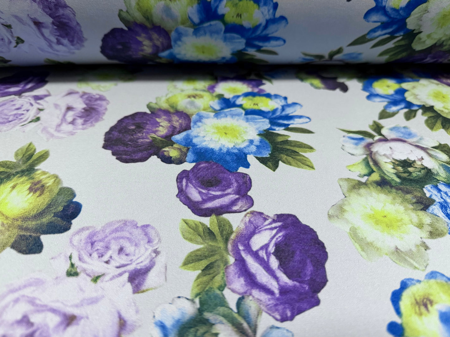 ITY stretch spandex single jersey fabric, per metre - rose print - blue & purple