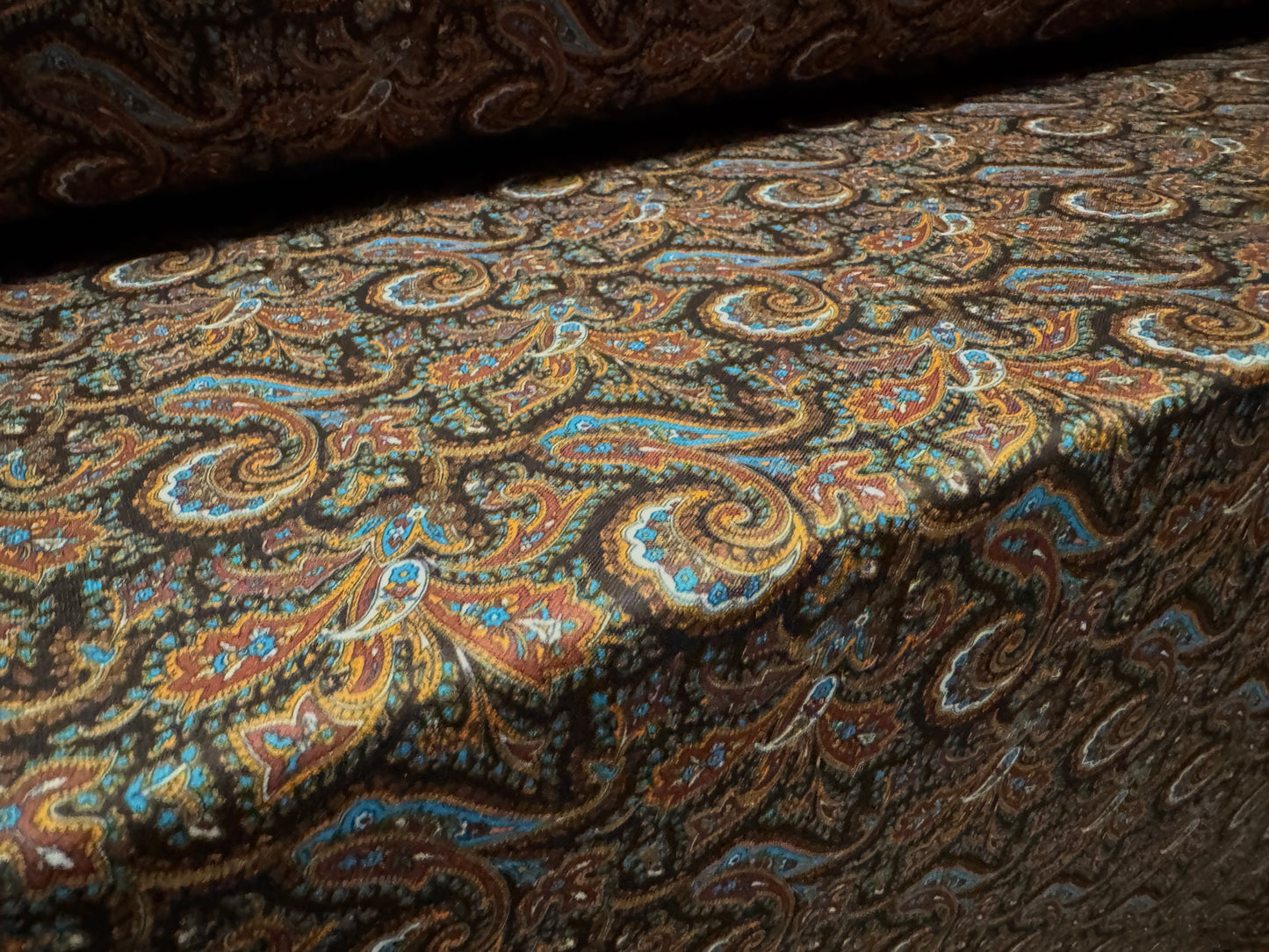 Piqué double jersey fabric, per metre - paisley print - brown & blue