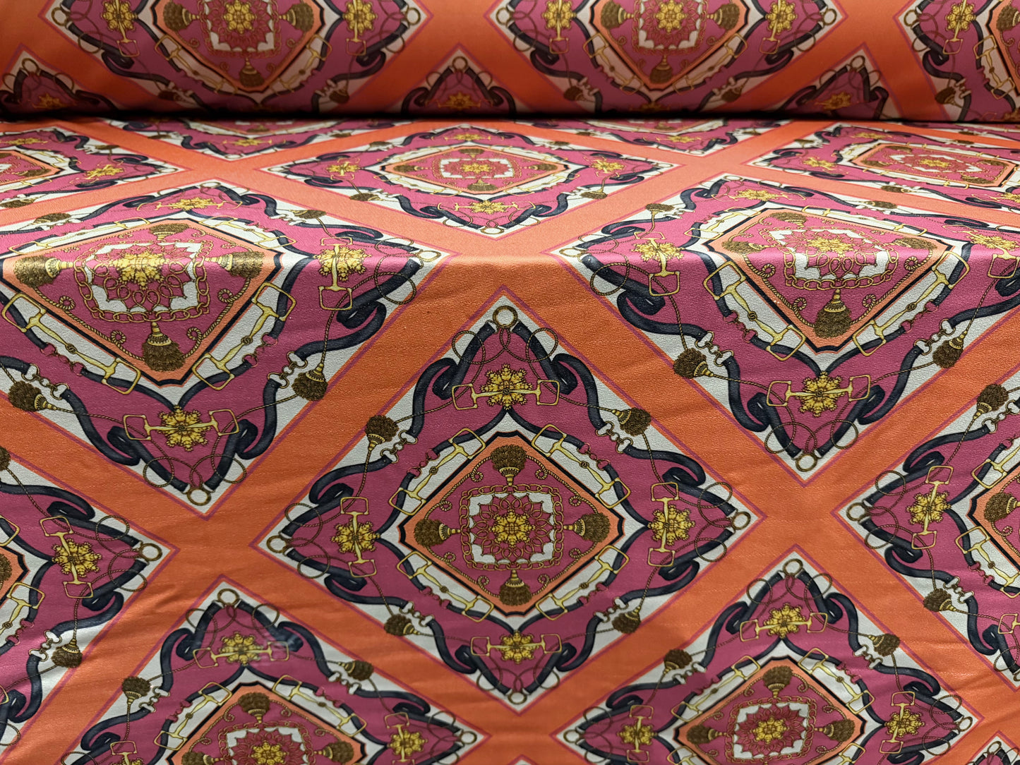 Stretch spandex crepe jersey fabric, per metre - designer quatrefoil print - pink & orange