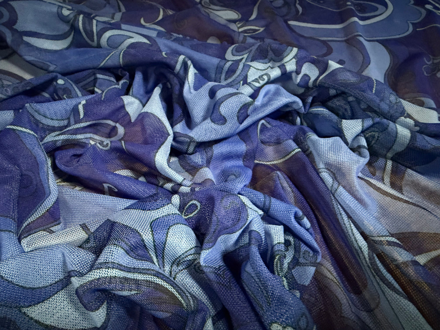 Power mesh net stretch spandex fabric, per metre - hippy swirl print - Royal & sky blue