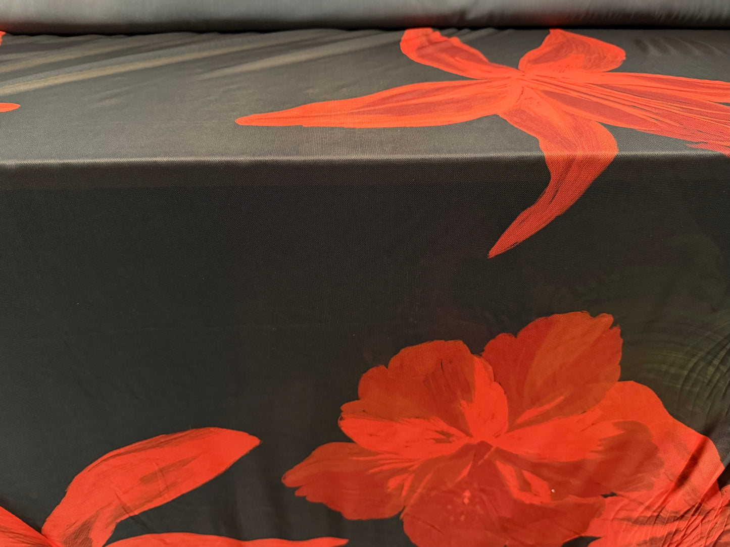 Power mesh net stretch spandex fabric, per metre - giant lily print - black & red