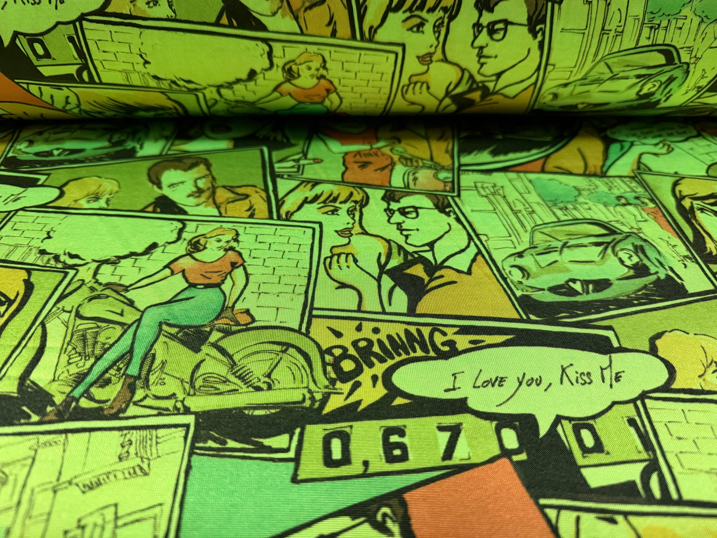 Stretch spandex single jersey fashion fabric, per metre - comic strip cartoon print - bright green