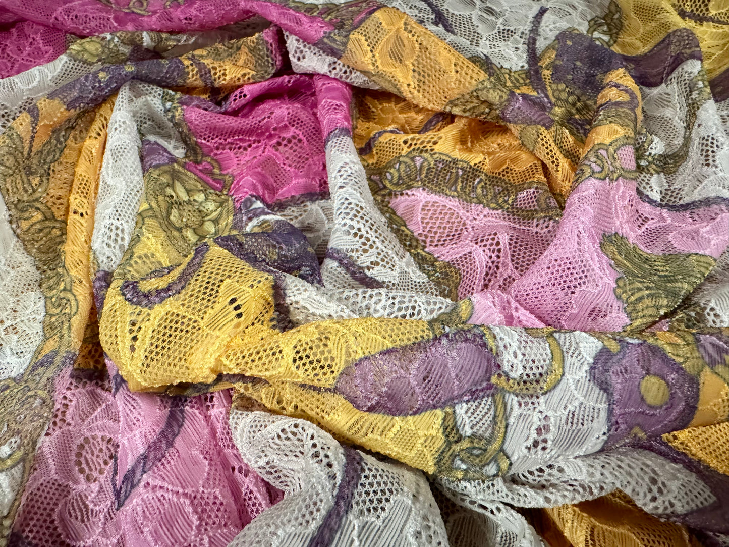 Stretch spandex lace fabric, per metre - tassels & chains print - pink gold and ivory