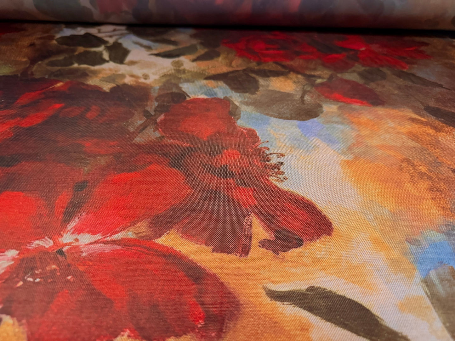 Power mesh net stretch spandex fabric, per metre - Impressionist floral print - red gold & blue