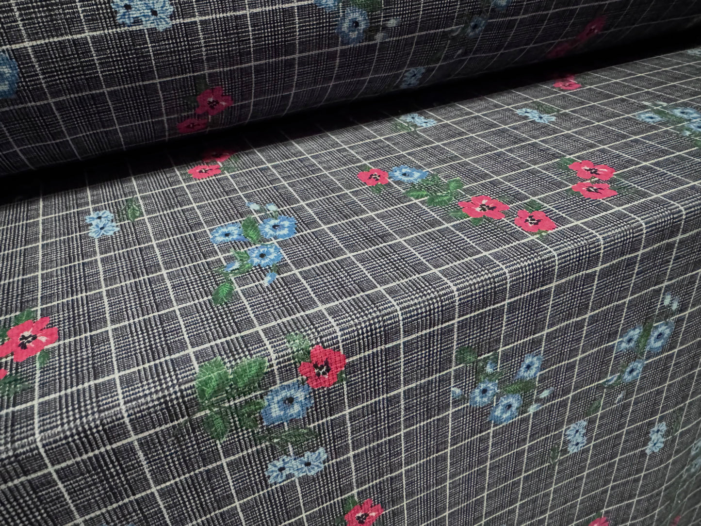 Chenille upholstery fabric, per metre - floral check print - denim blue