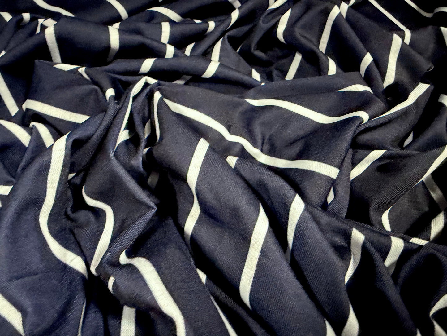 Soft handle stretch jersey fabric, per metre - butchers stripe print - navy & white