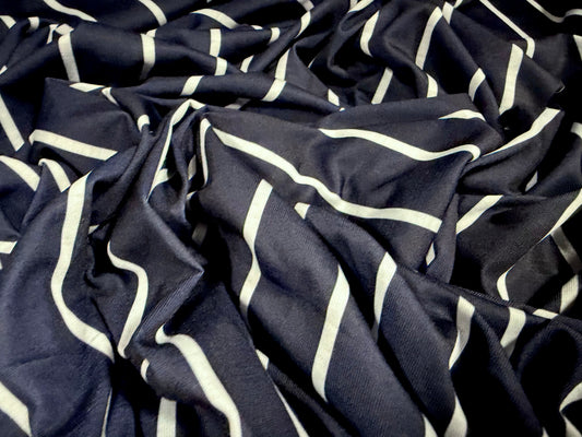 Soft handle stretch jersey fabric, per metre - butchers stripe print - navy & white