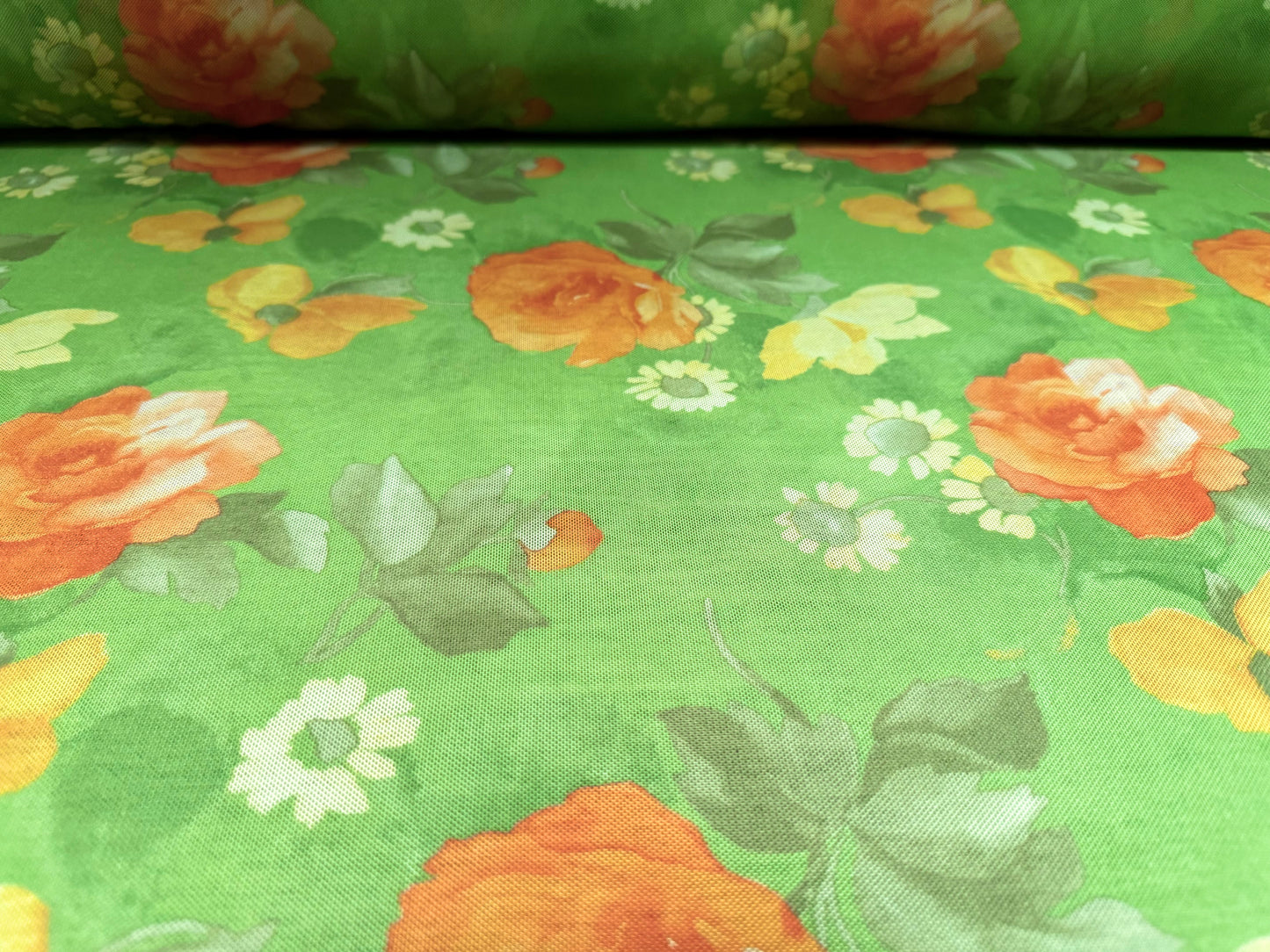 Power mesh net stretch spandex fabric, per metre - roses print - green & orange