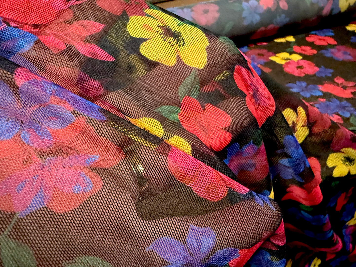 Power mesh net stretch spandex fabric, per metre - multicolour flower print