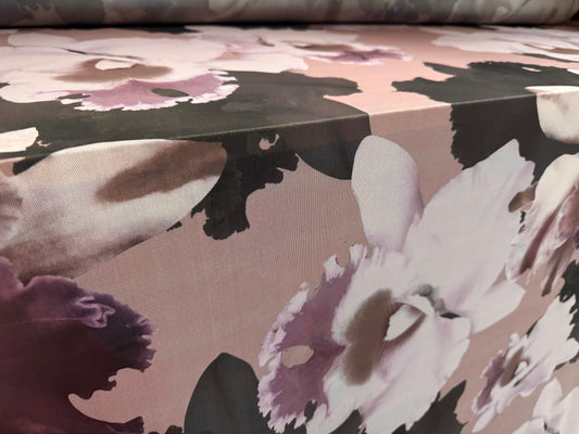 Power mesh net stretch spandex fabric, per metre - lily flower print - dusky pink & lilac
