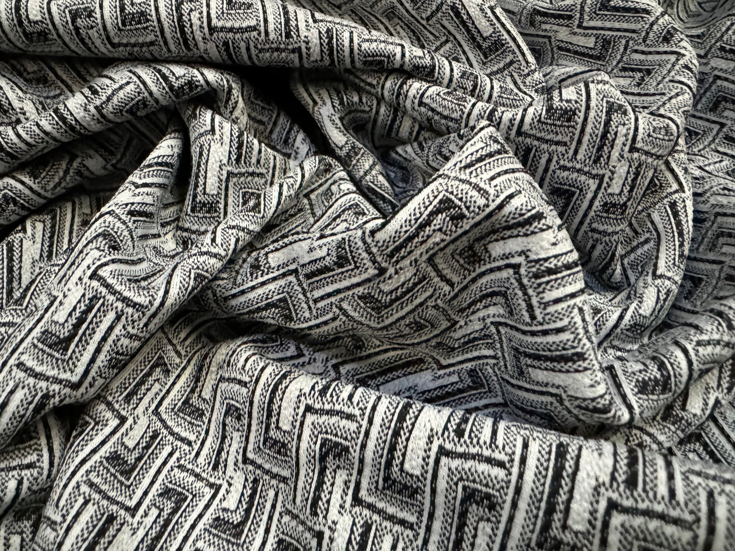 Stretch spandex double jersey fabric, per metre - interlocking shapes jacquard - grey