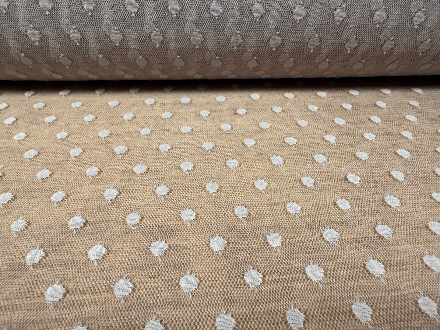 Fine lightweight mesh net fabric, per metre - dobby spot - stone