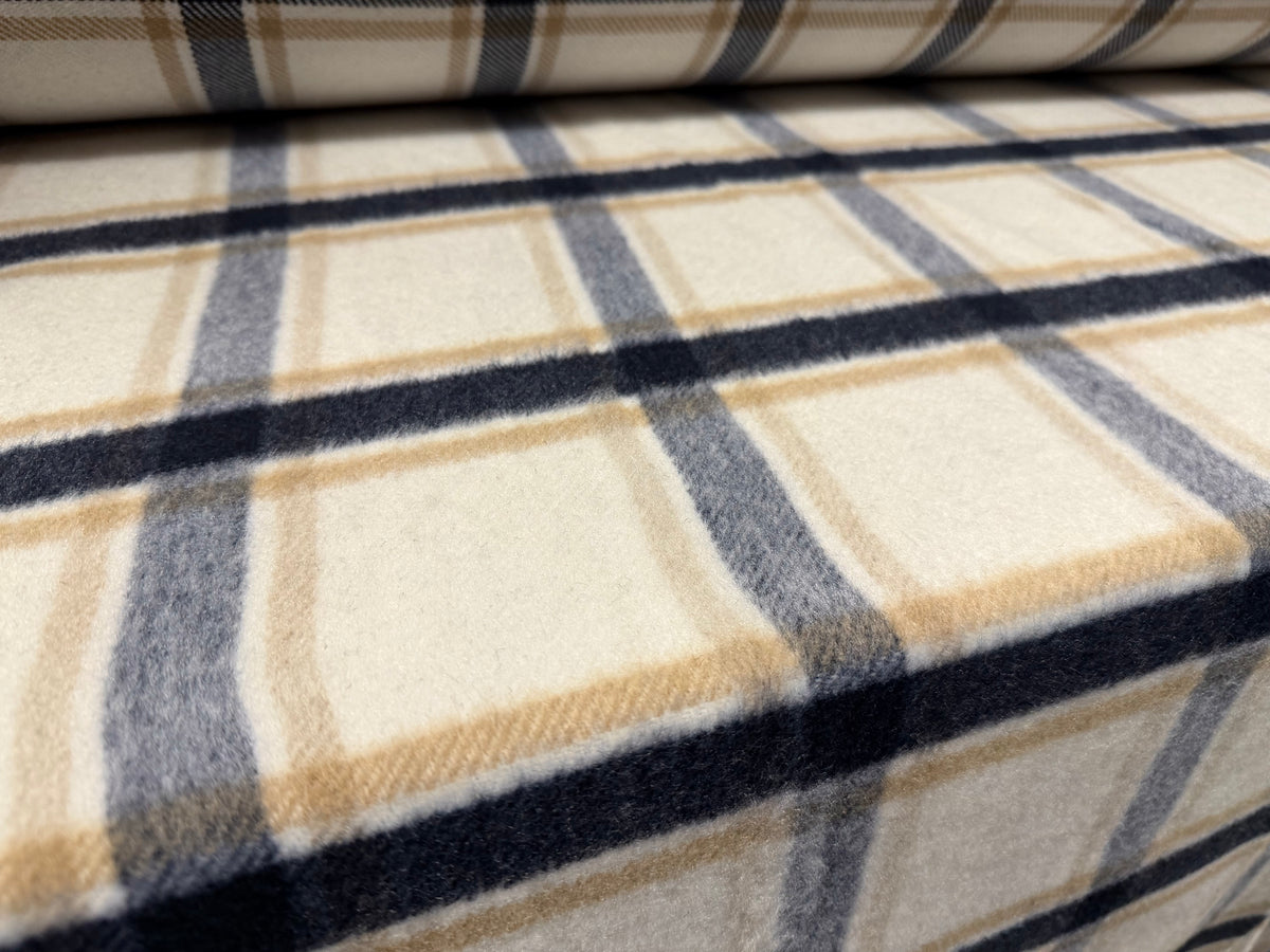 Wool flannel fabric, per metre - plaid check - ivory & slate