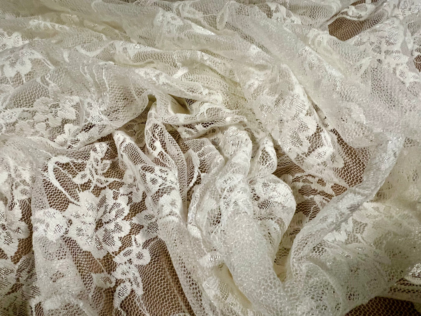 Stretch spandex mesh lace net fabric, per metre - floral - light cream