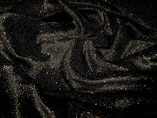 Couture Spandex velvet velour stretch fabric, per metre - starry night glitter print - black & silver