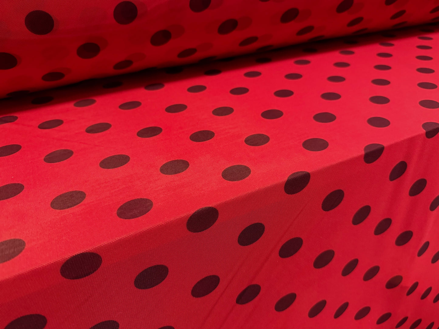 Power mesh net stretch spandex fabric, per metre - ladybird polka dot print - red & black