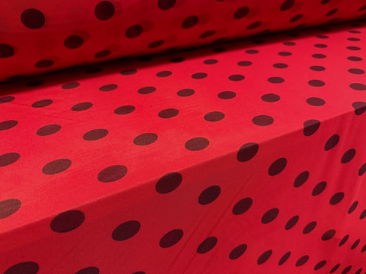 Power mesh net stretch spandex fabric, per metre - ladybird polka dot print - red & black