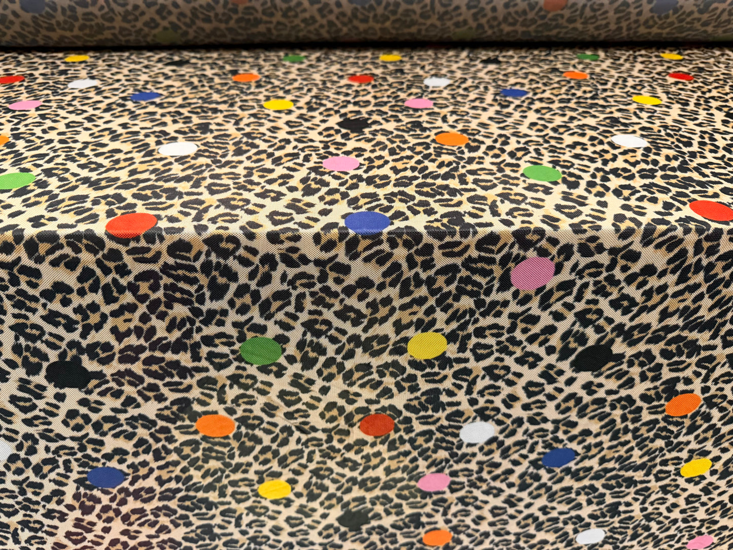 Power mesh net stretch spandex fabric, per metre - polka dot leopard print - multicolour