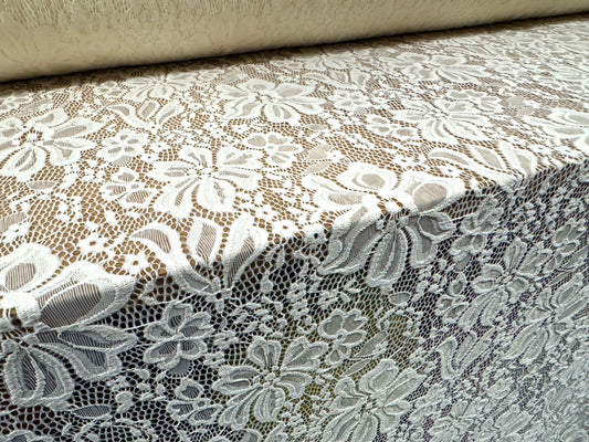 Soft stretch lace dress fabric, per metre - scalloped selvedge - flower design - cream
