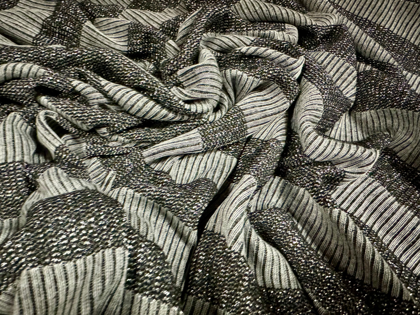 Metallic ribbed jersey knit fashion fabric, per metre -  grey with nickel lurex stripe