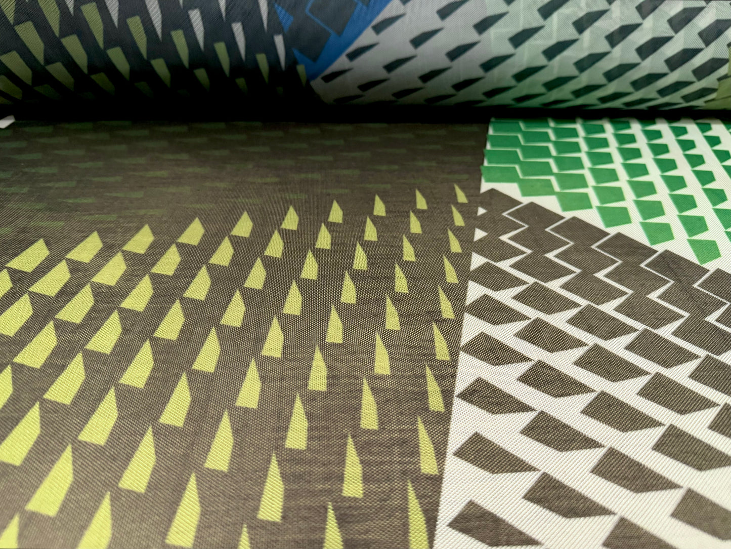 Power mesh net stretch spandex fabric, per metre - geometric print - khaki emerald & blue