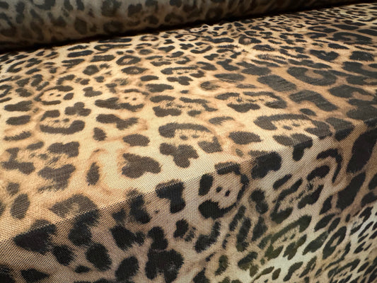 Power mesh net stretch spandex fabric, per metre - jaguar print - gold & beige
