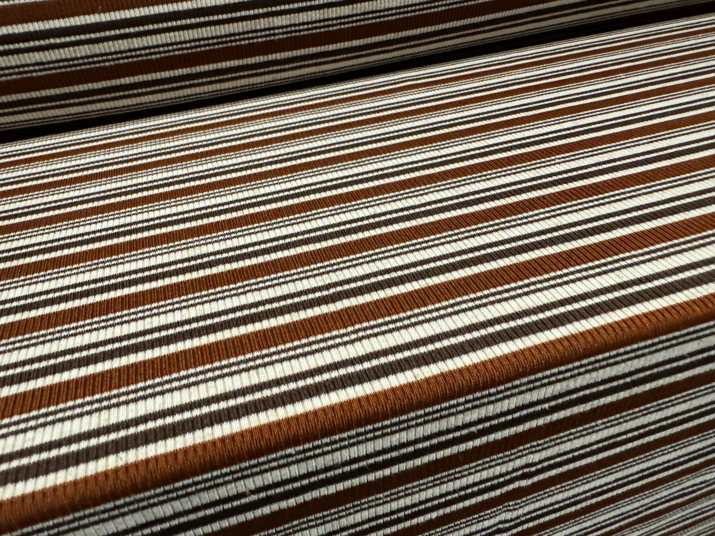 Stretch Spandex rib jersey fabric, per metre - stripe - chestnut brown & cream