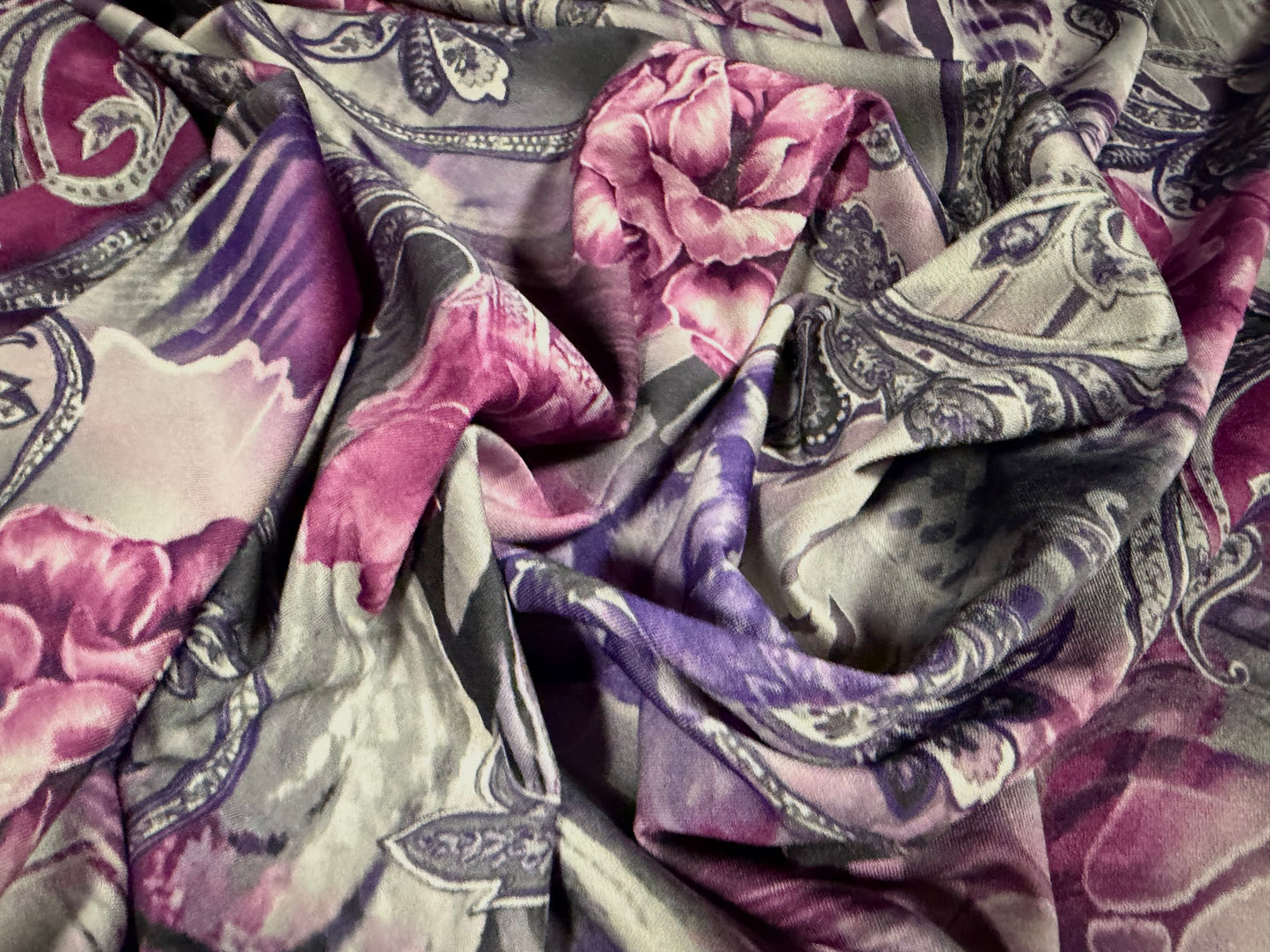 Stretch spandex crepe jersey fabric, per metre - paisley floral print - purple grey & magenta