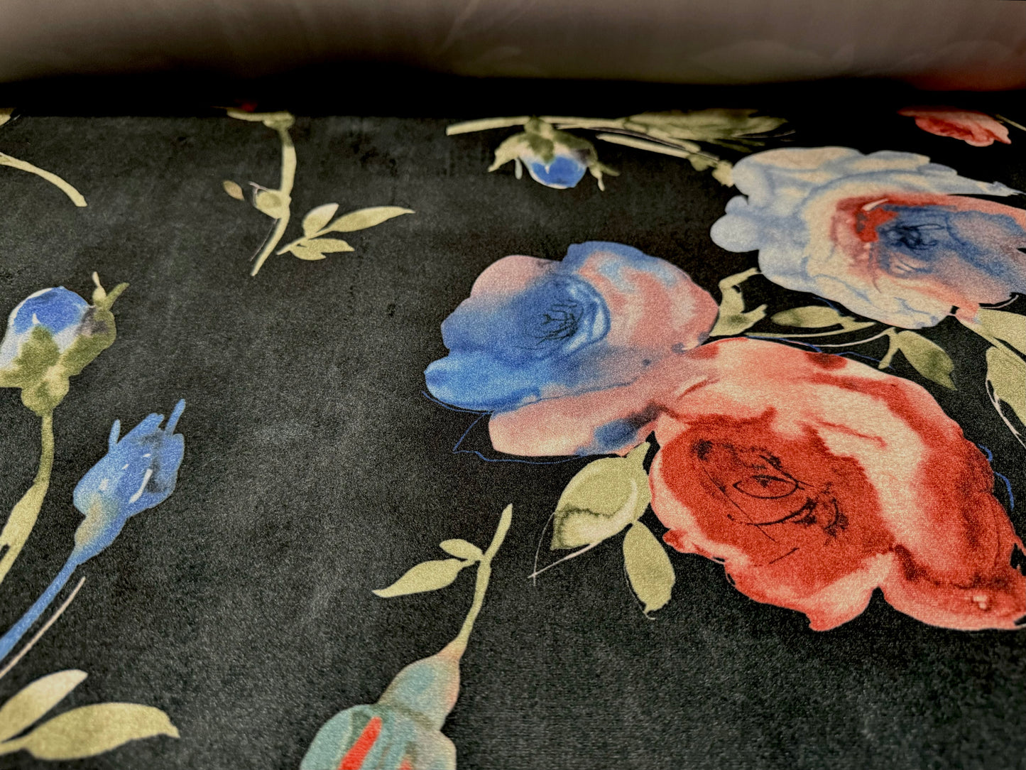 Spandex velvet stretch dress fabric, per mere - floral roses print - black & pink