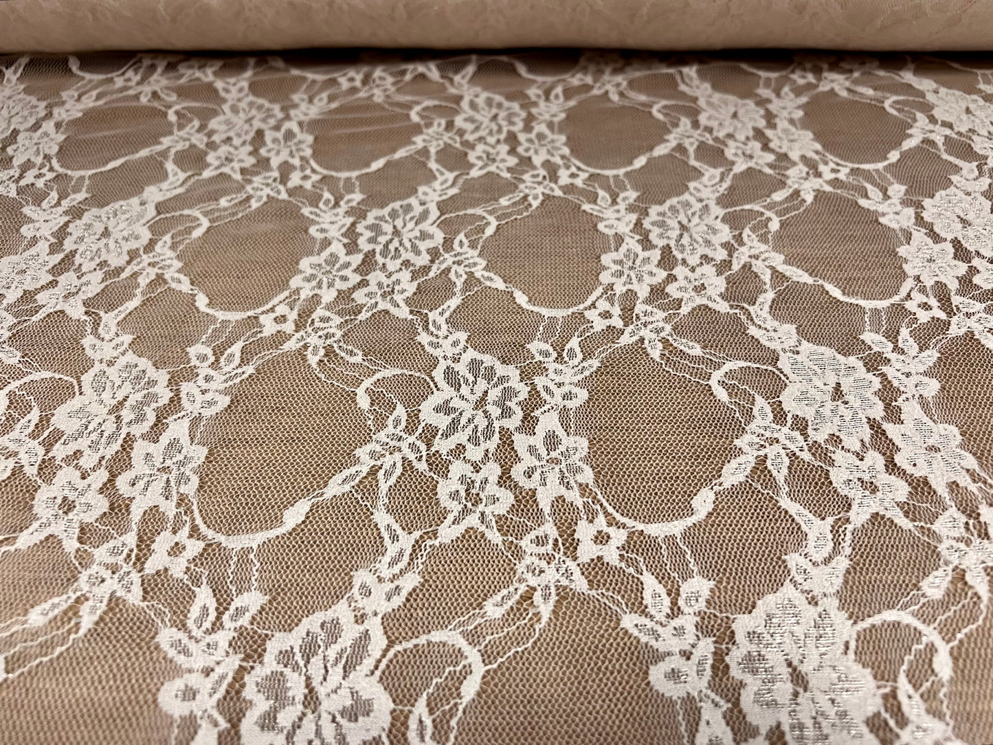 Stretch spandex mesh lace net fabric, per metre - floral - oyster