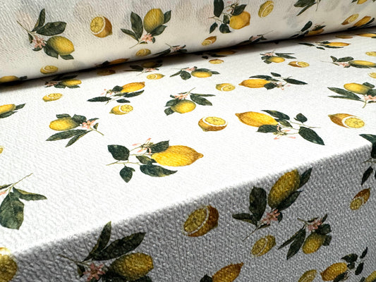 Blister jacquard stretch spandex jersey fabric, per metre - lemons print - ivory & yellow