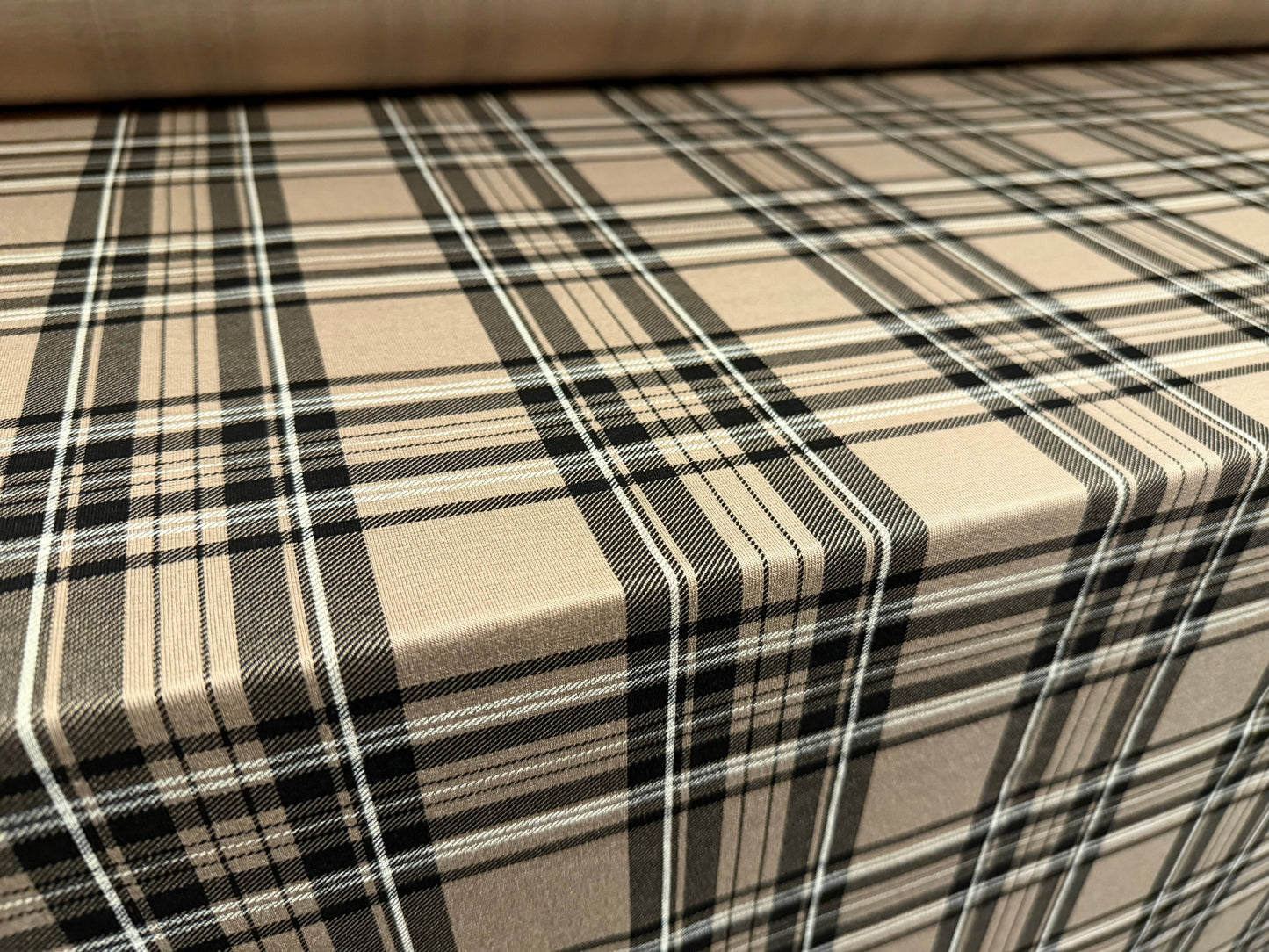 Viscose spandex stretch jersey fabric, per metre - tartan check print - stone