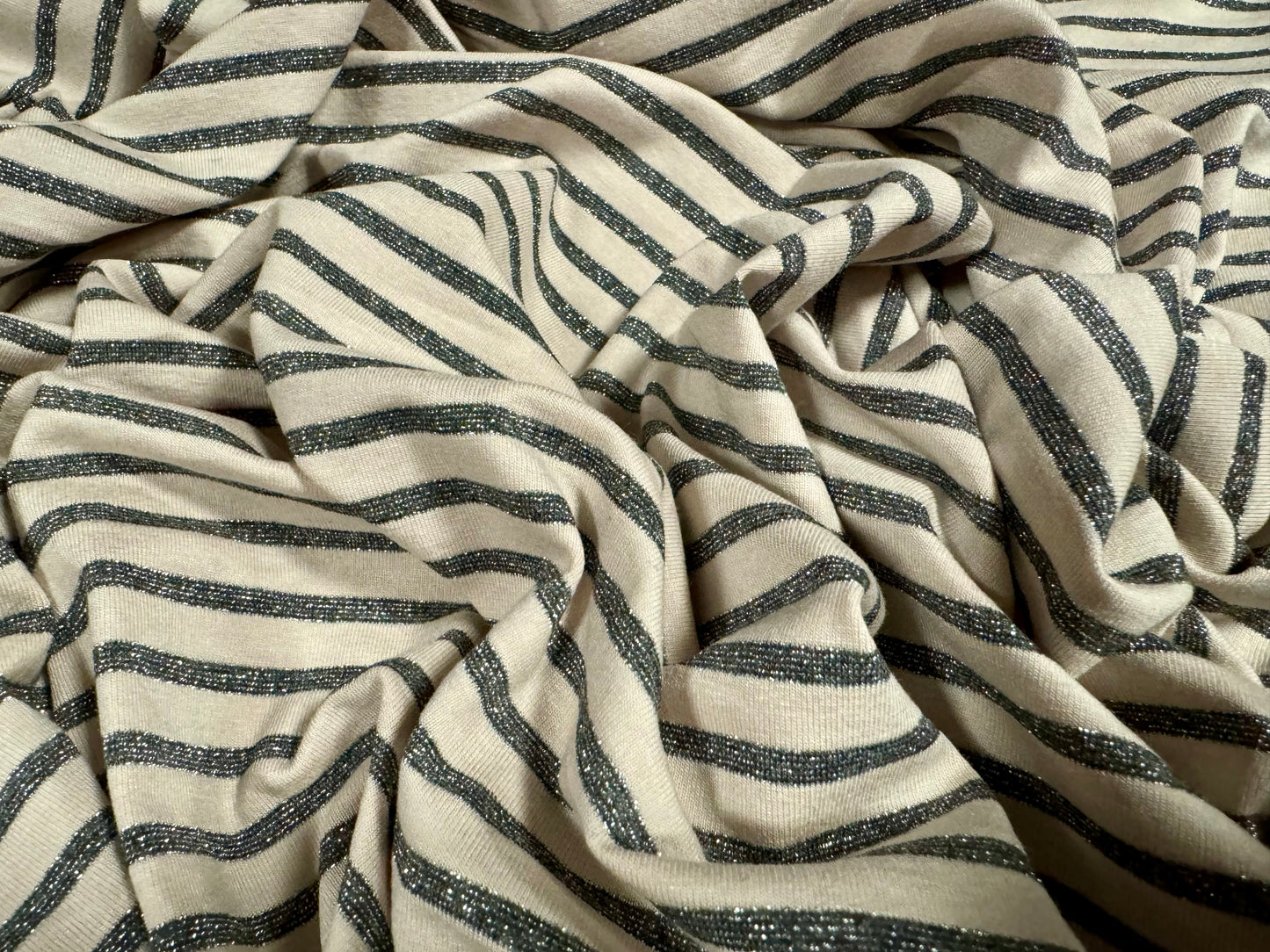 Metallic viscose spandex stretch single jersey fabric, per metre - stripe - cream with silver lurex