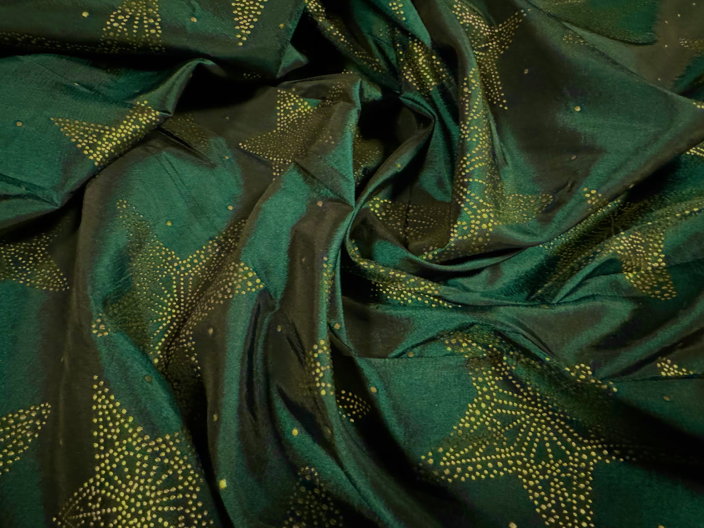 Taffeta faux silk fabric - metallic stars print - bottle green & gold