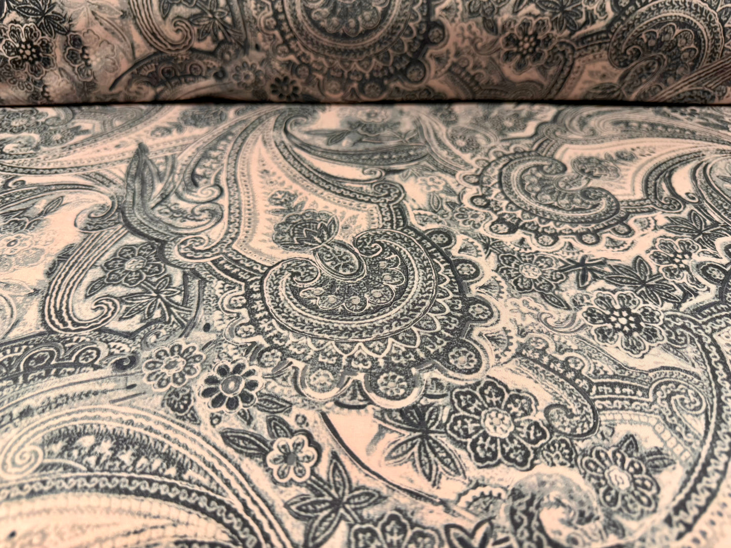 Soft touch stretch spandex single jersey fabric, per metre - paisley print - nude & grey