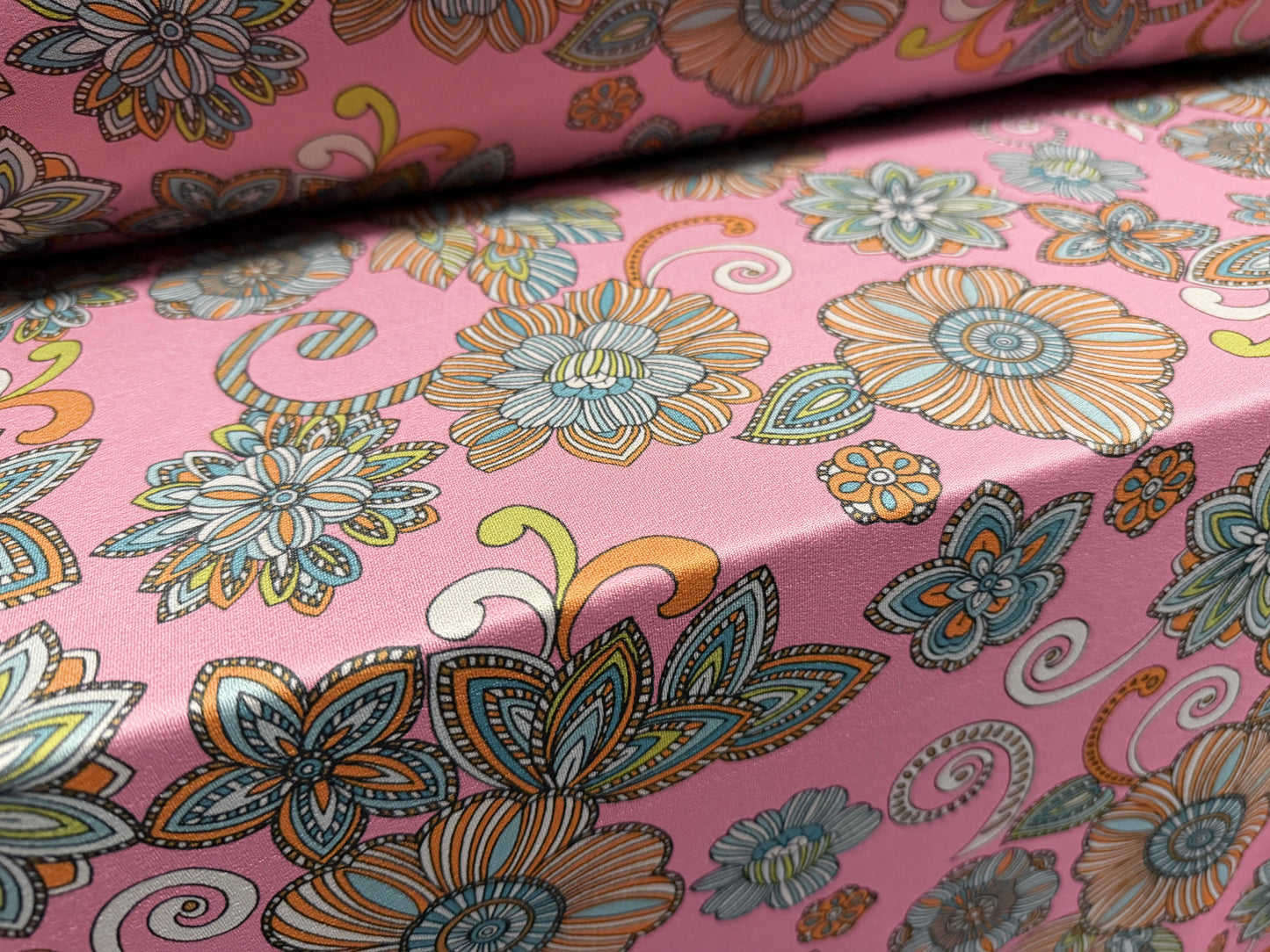 Stretch spandex crepe jersey fabric, per metre - retro floral print - pink & turquoise