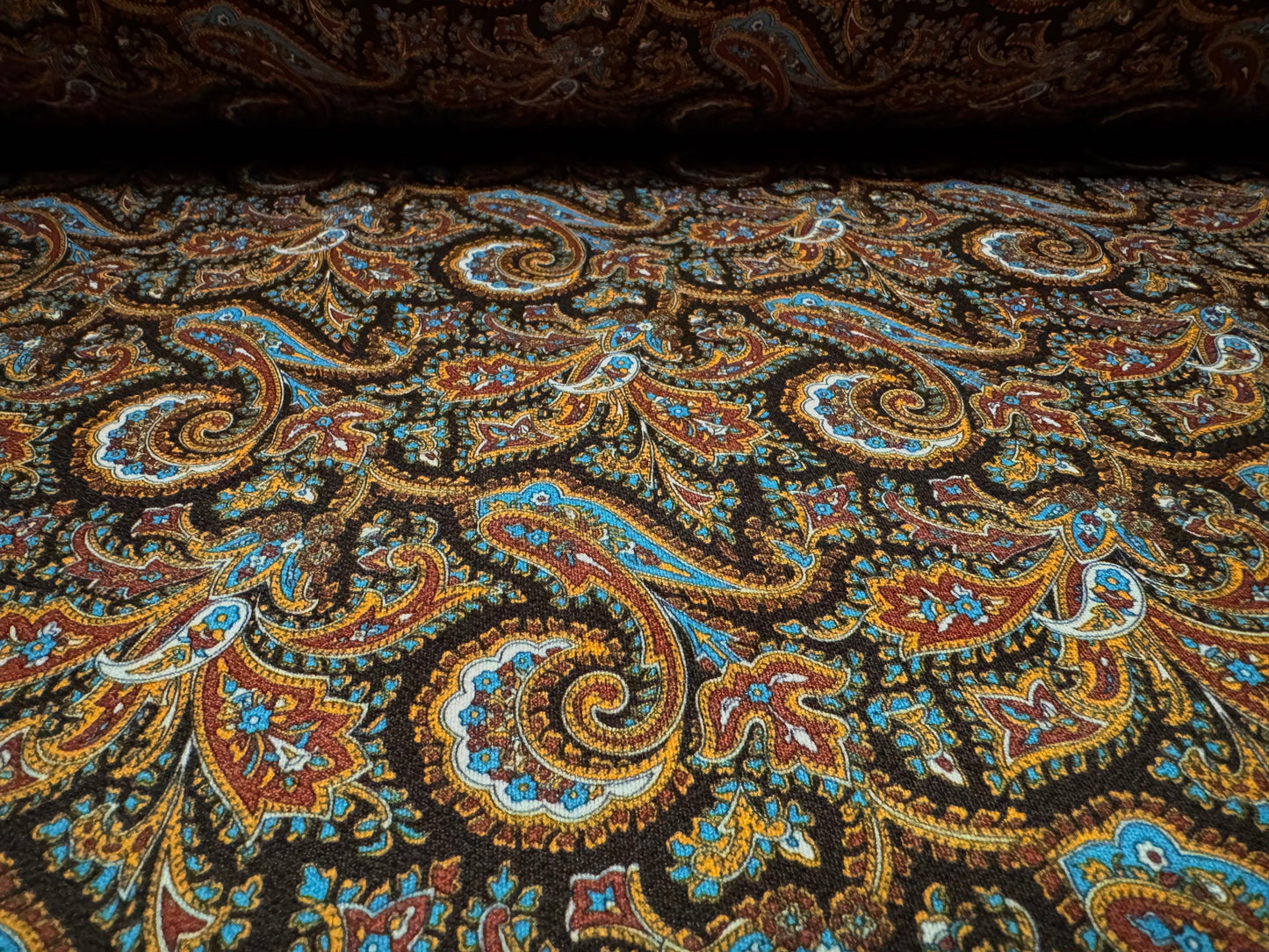 Stretch spandex crepe single jersey dress fabric, per metre - paisley print - brown & sky blue