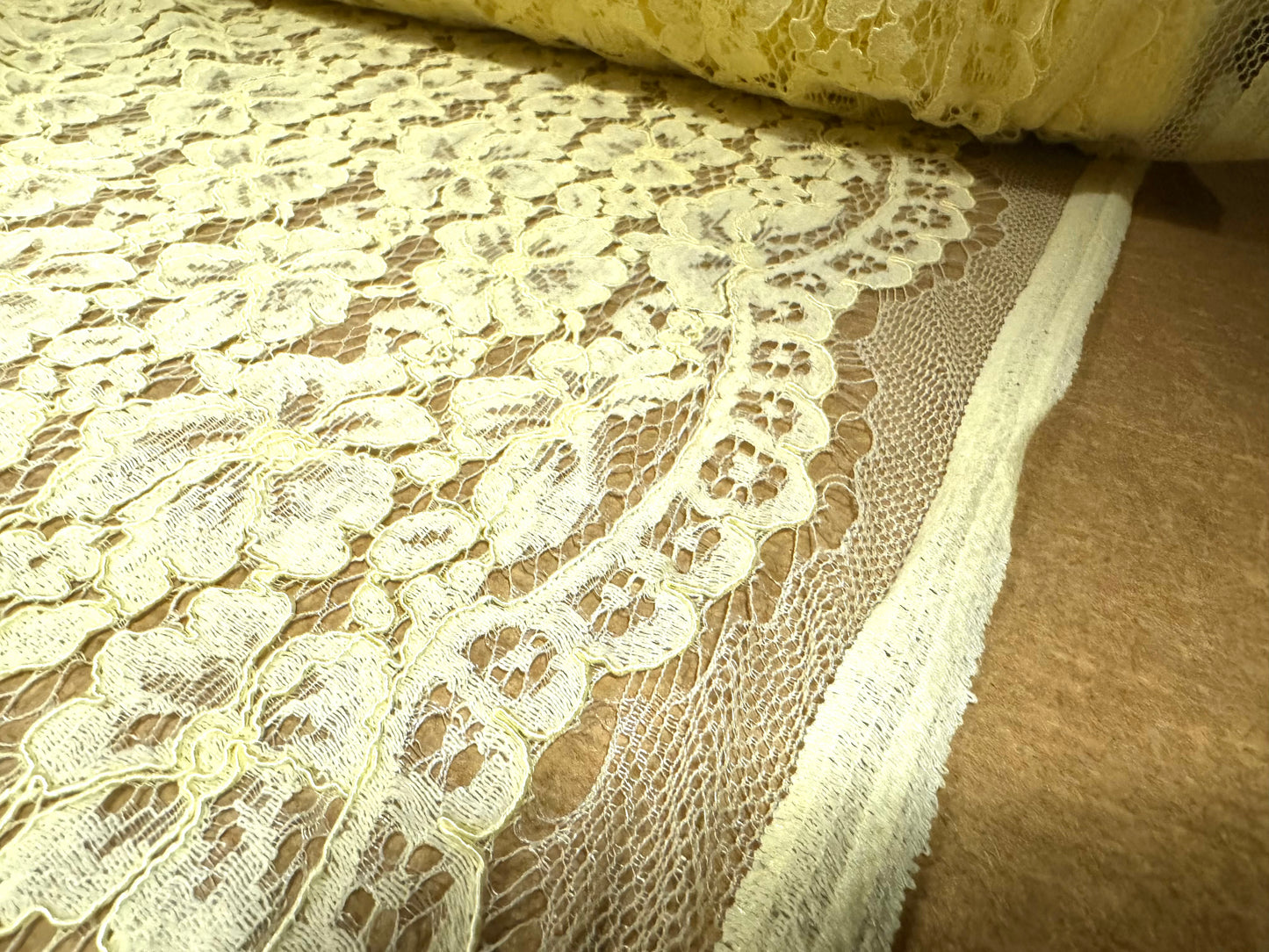 Heavy corded Alencon lace dress fabric with scalloped selvedge, per metre - floral - lemon