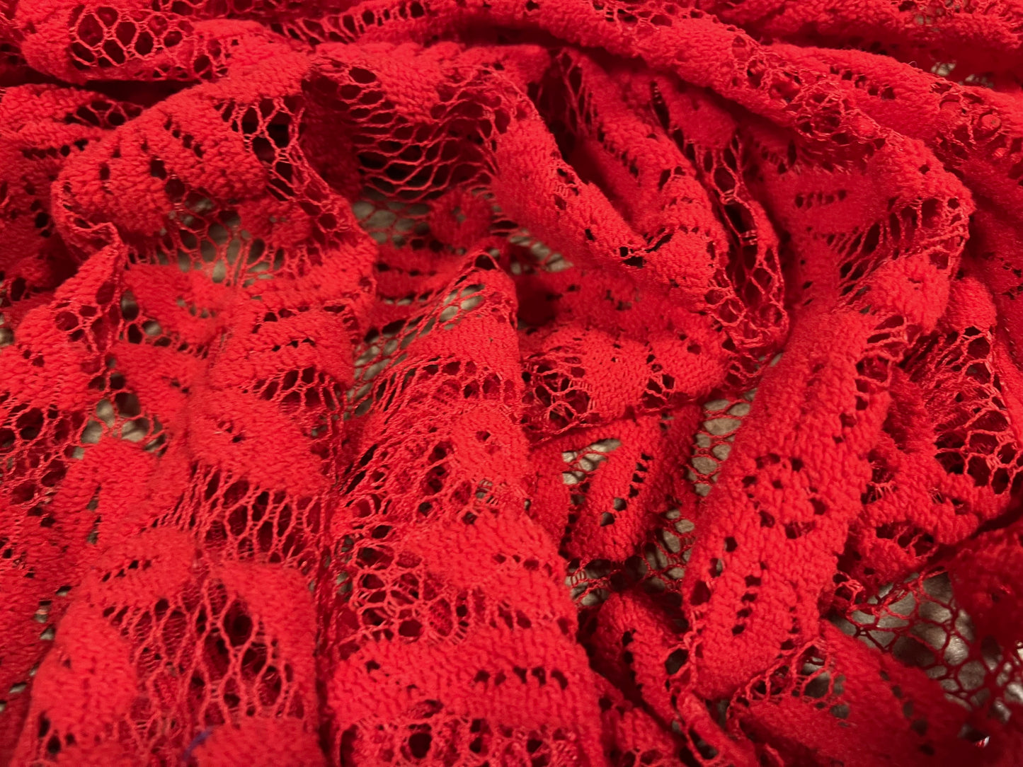 Flocked fishnet lace fabric, per metre - flower design - red