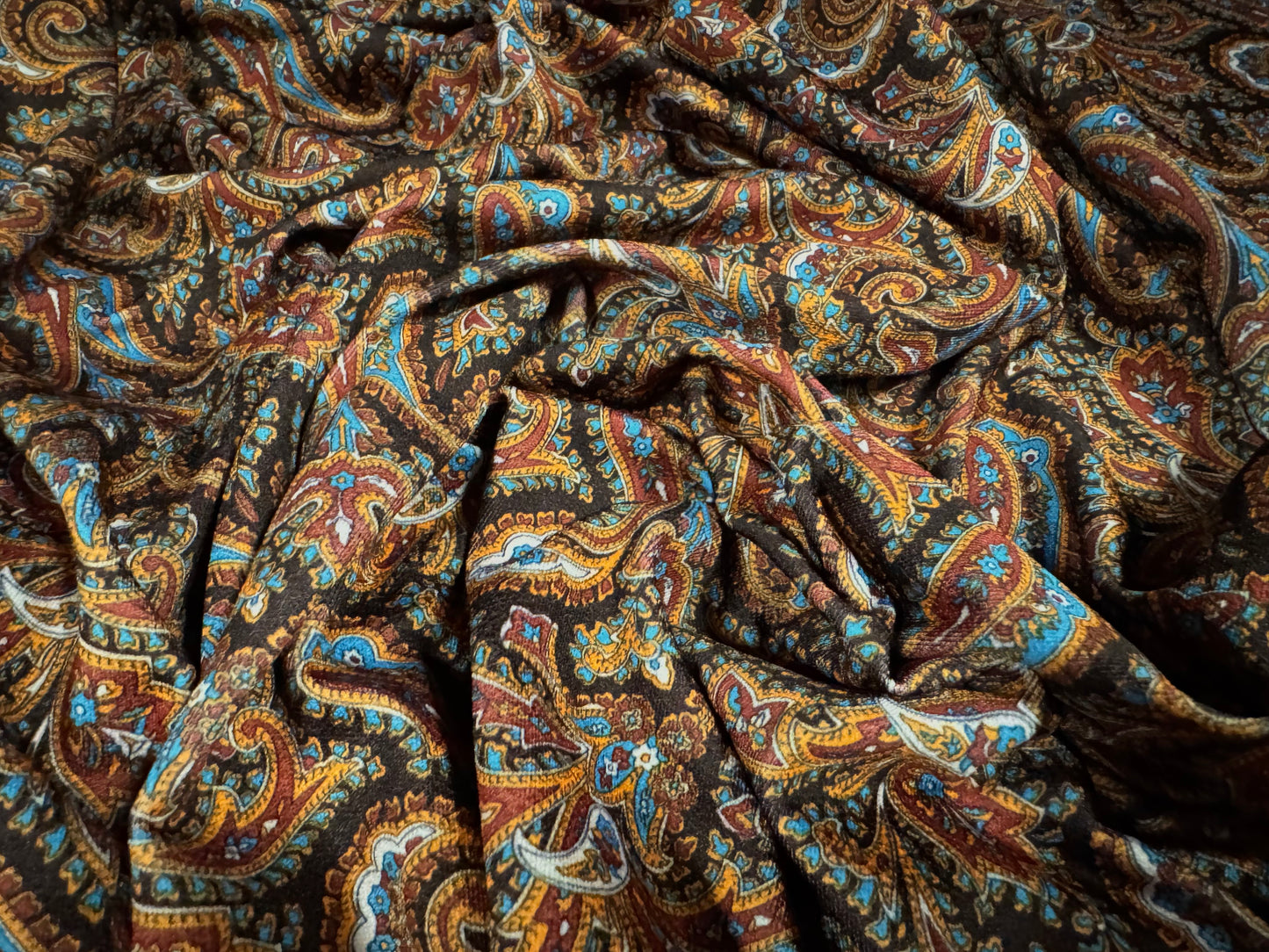 Stretch spandex crepe single jersey dress fabric, per metre - paisley print - brown & sky blue