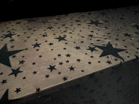 Power mesh net sheer stretch spandex fabric, per metre - flocked stars print - black on black