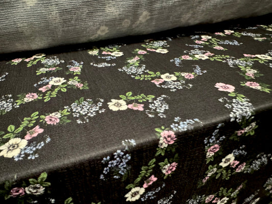 Textured stretch spandex jersey fabric, per metre - floral flourish print - black & lilac