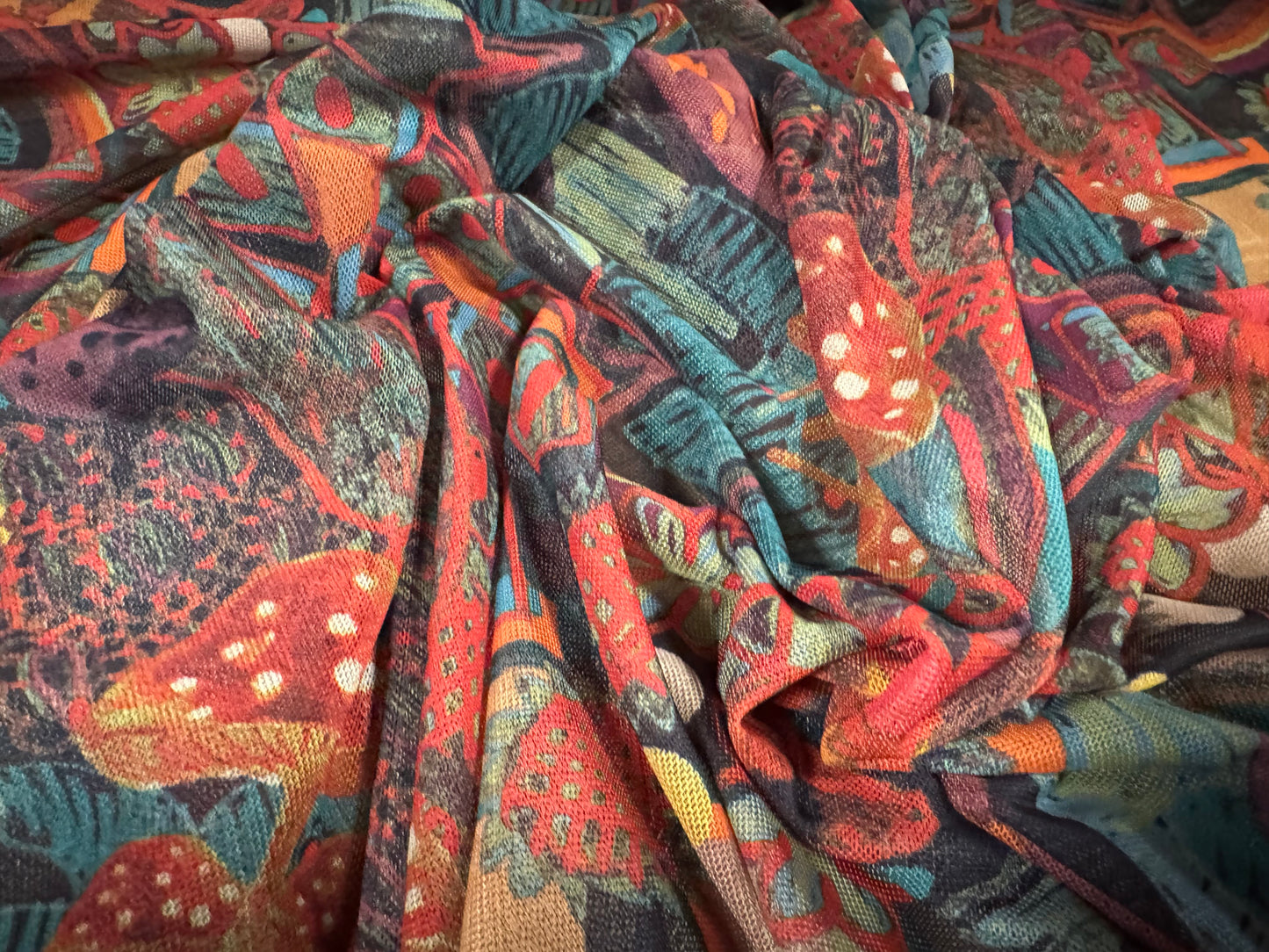 Power mesh net stretch spandex fabric, per metre - magic mushrooms print - orange & jade