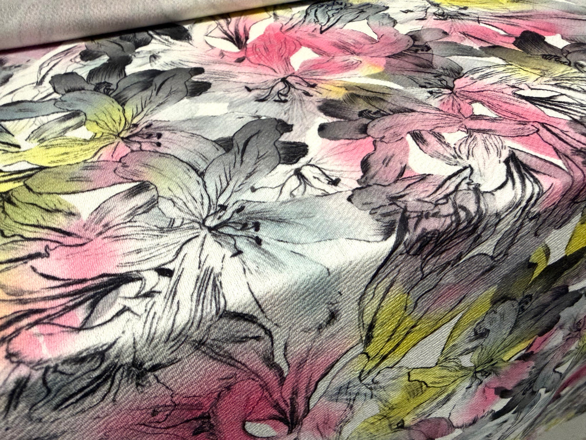Liverpool stretch double jersey fabric, per metre - floral print - pastel pink & yellow