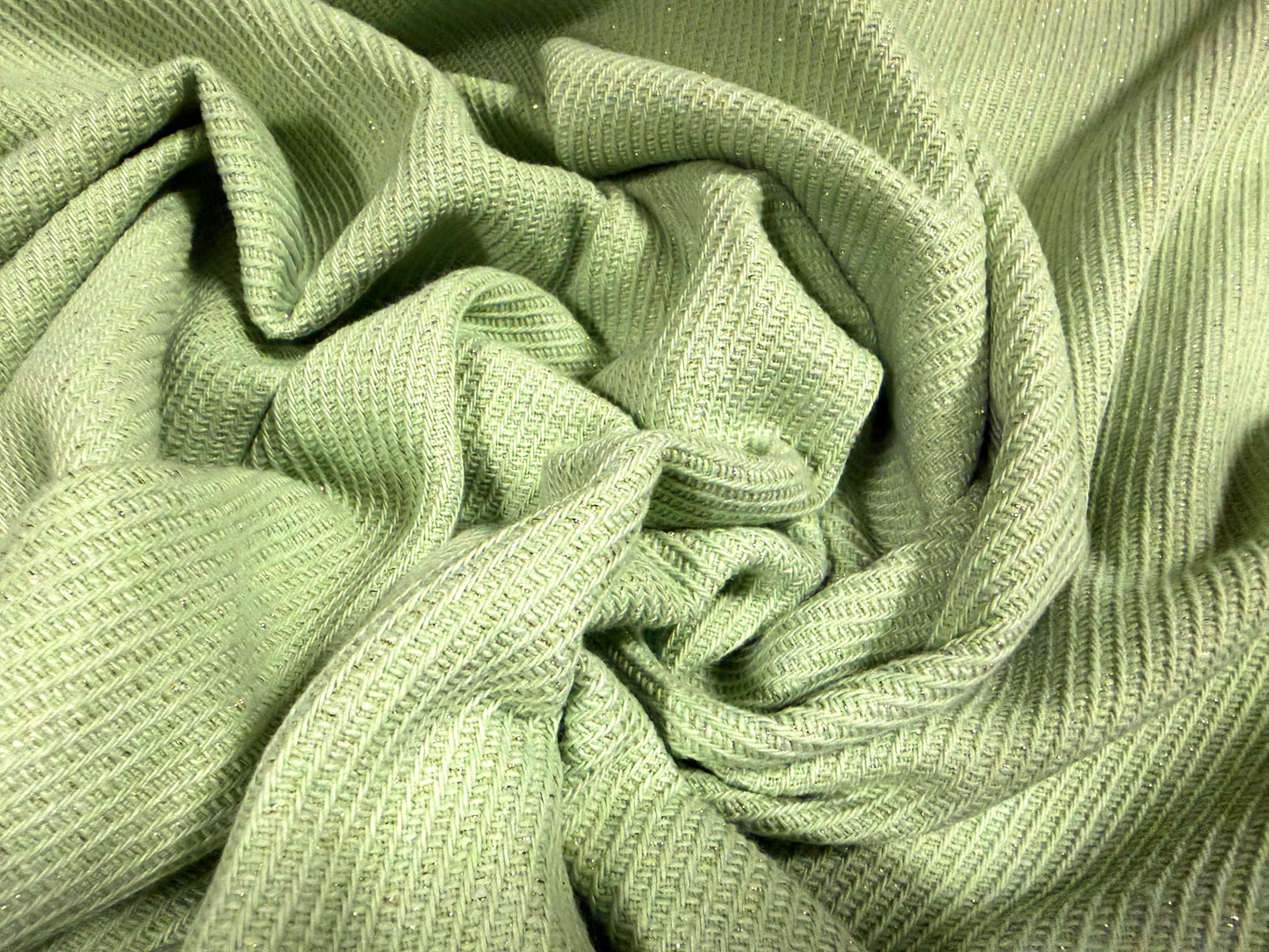 Metallic wool heavyweight twill fabric, per metre - mint green & gold lurex