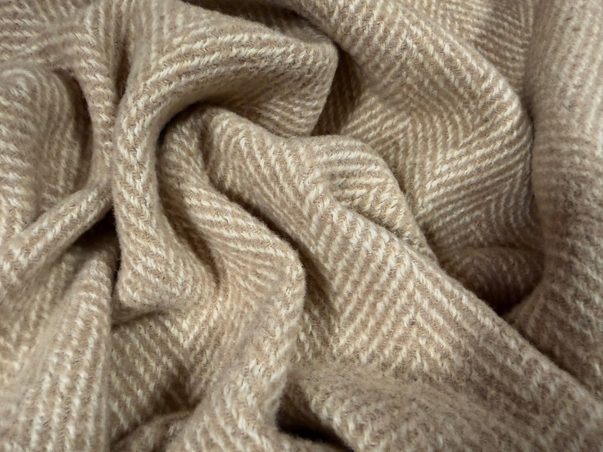 Heavyweight wool coat & jacket fabric, per metre - herringbone - cream & beige