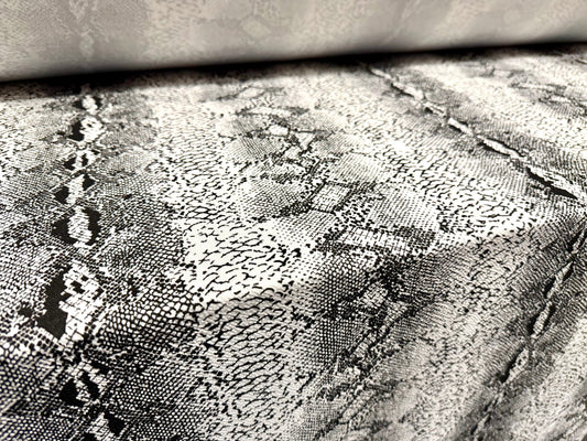 Waterfall textured scuba stretch double jersey fabric, per metre - snake skin print - black & ivory